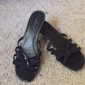 Black strappy sandals with kitten heel